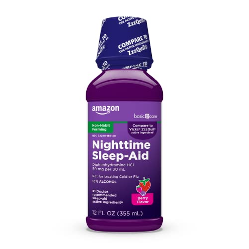 Amazon Basic Care Nighttime Sleep-Aid Liquid for Adults, Helps Fall Asleep Fast...