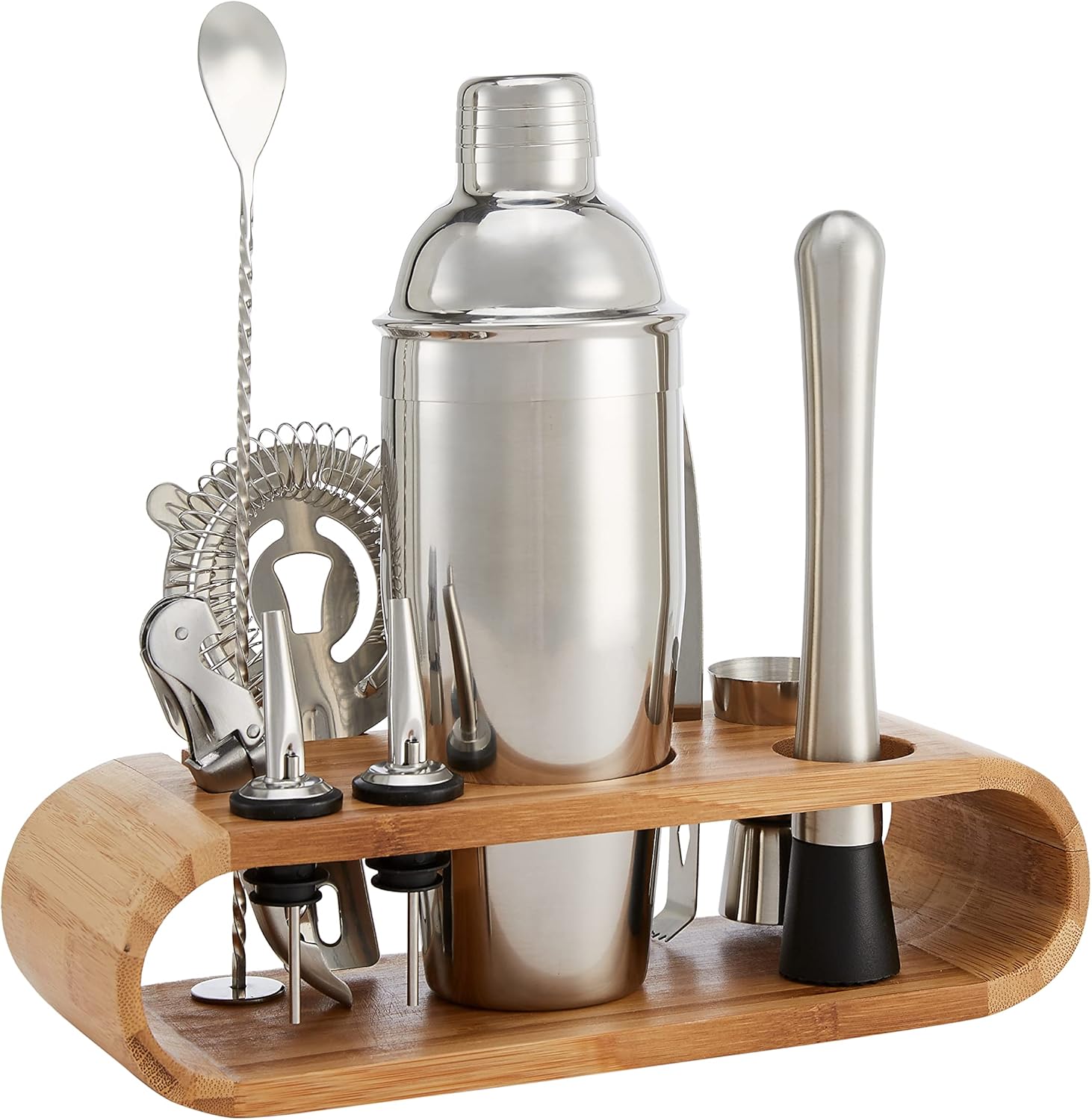 Amazon Basics 10-Piece Stainless Steel Cocktail Shaker Bar Tool Set with Bamboo Stand...
