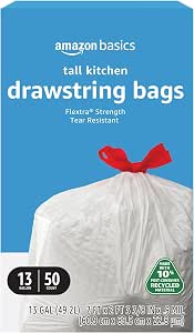 Amazon Basics 13 Gallon Tall Kitchen Drawstring Trash Bags, Flextra Strength, Tear...