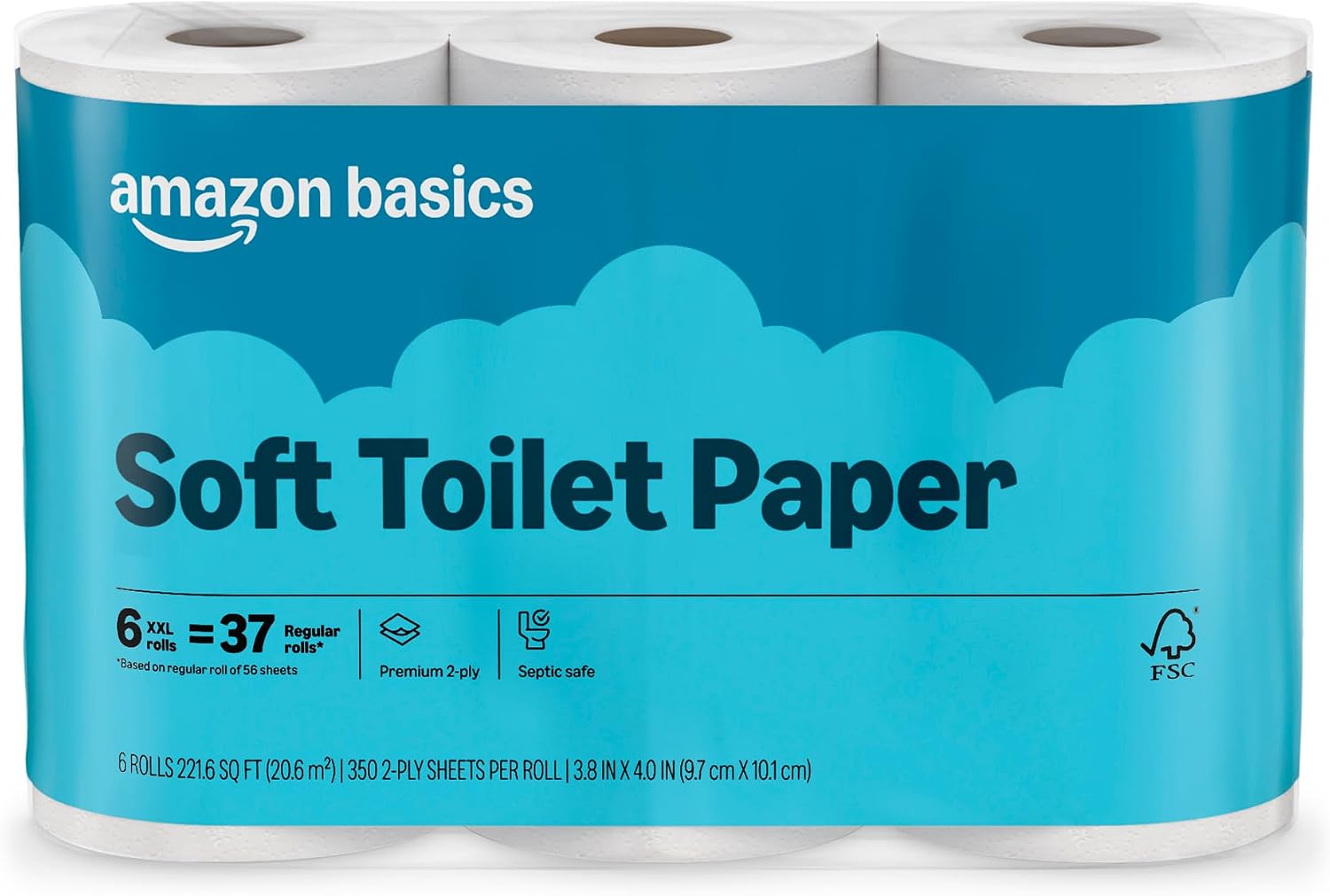 Amazon Basics 2-Ply Soft Toilet Paper, 6 Rolls, 350 Sheets per Roll, Equivalent to 37...