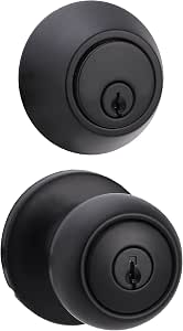 Amazon Basics Exterior Door Knob with Key Lock and Deadbolt, Keyed Alike, Coastal, Matte Black image