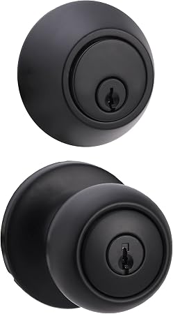 Amazon Basics Exterior Door Knob with Key Lock and Deadbolt, Keyed Alike, Coastal, Matte Black image