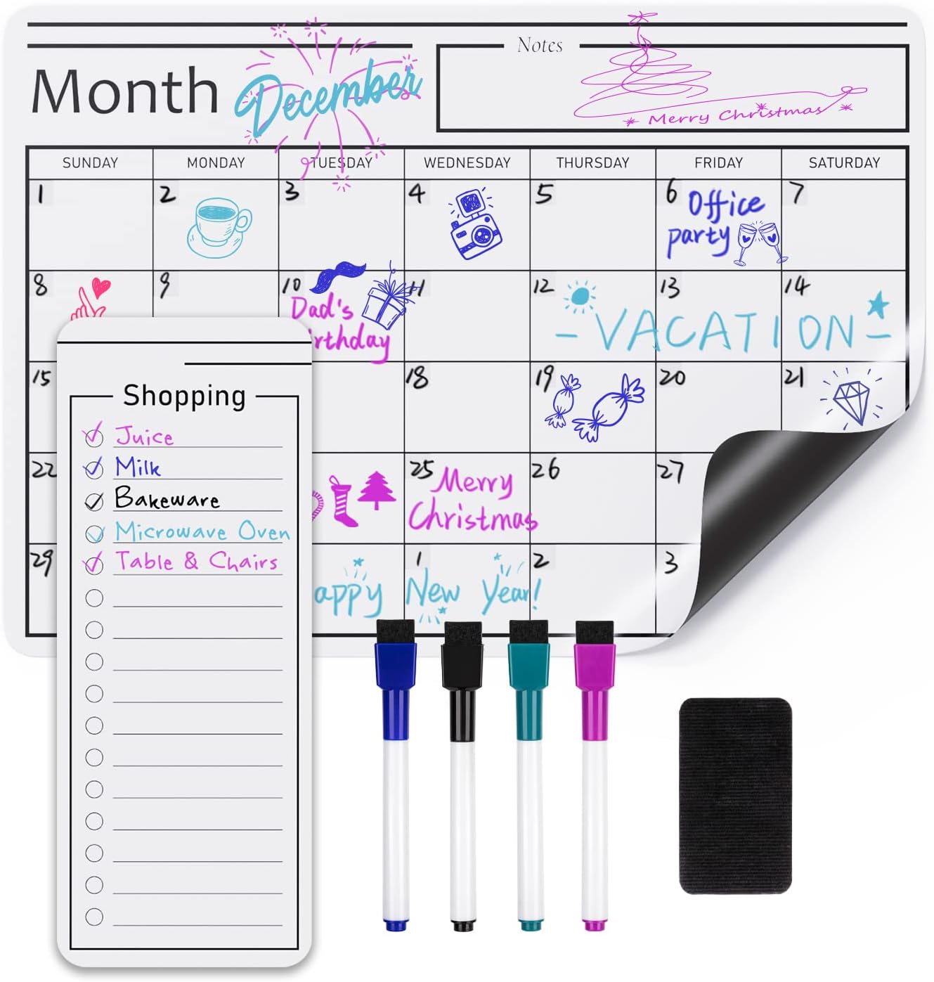 Amazon Basics Magnetic Dry Erase Whiteboard Calendar for Fridge, Easy to Clean, Schedule...