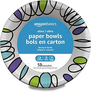 Amazon Basics Ultra Disposable Paper Bowls, 20 Oz, Microwave Safe, Soak Proof, Strong &...