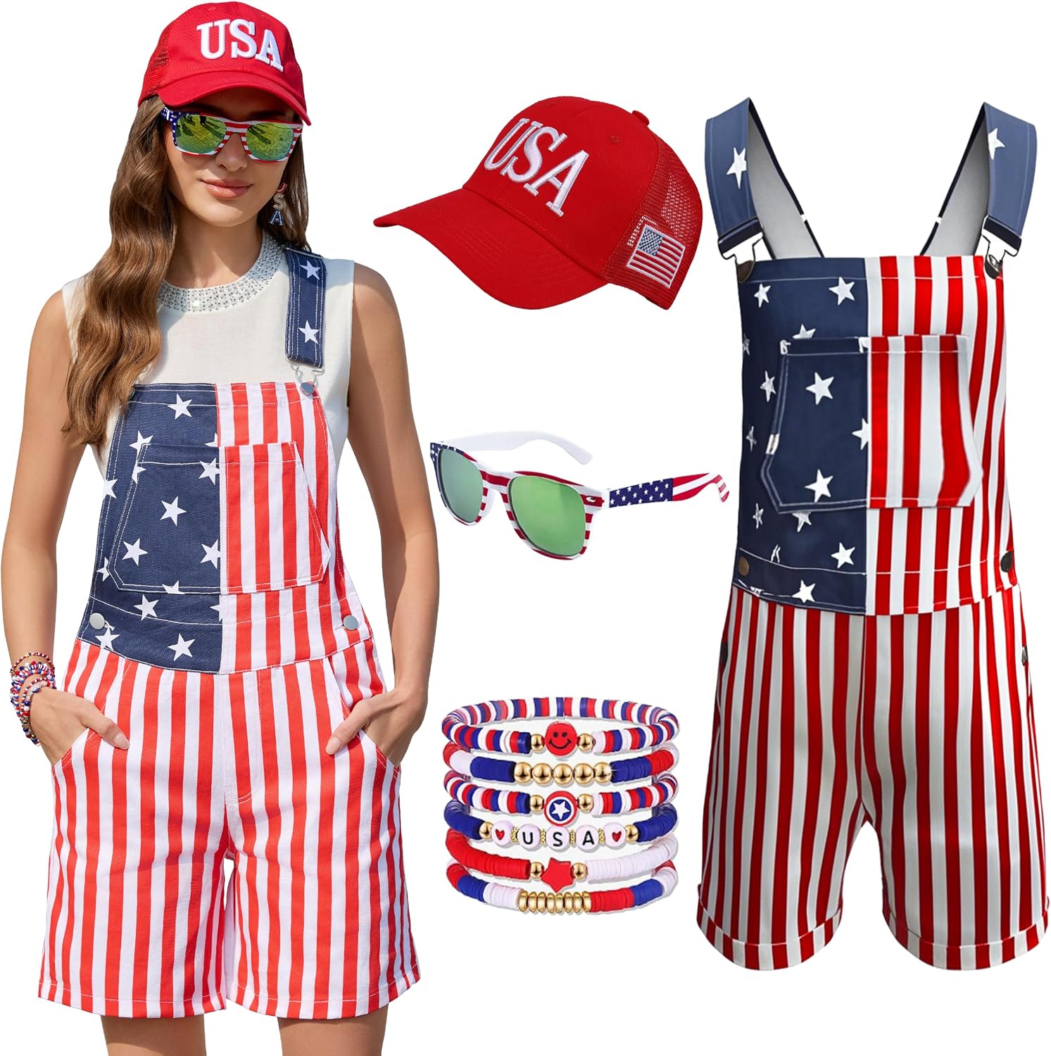 American Flag Overalls Women,USA Hat,Patriotic Sunglasses,Independence Day Bracelets,4 Pcs...