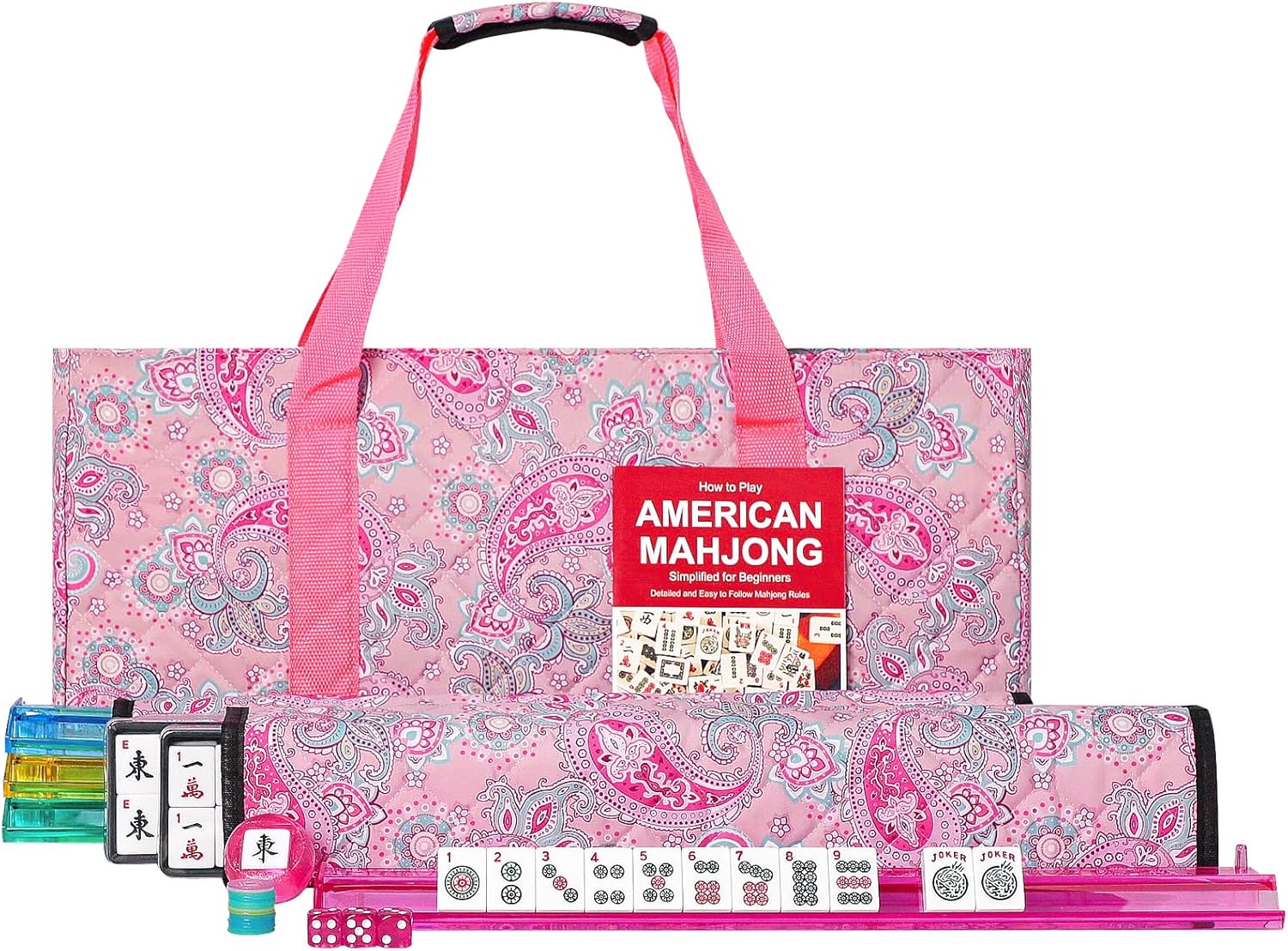 American Mahjong Game Set, 166 White Tiles, 4 All-in-One Color Rack/Pushers, Complete...