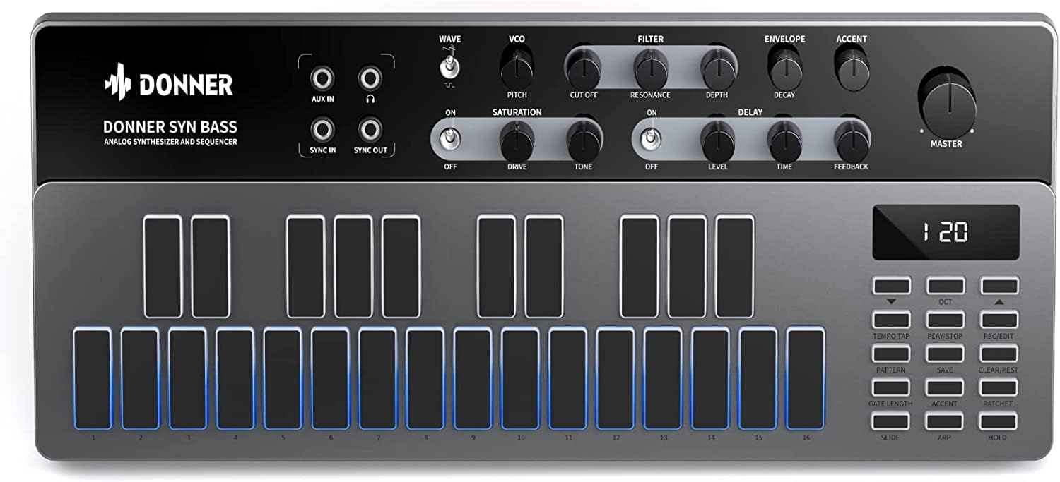Analog Bass Synthesizer and Sequencer, Donner Essential B1 with Intuitive User Interface...