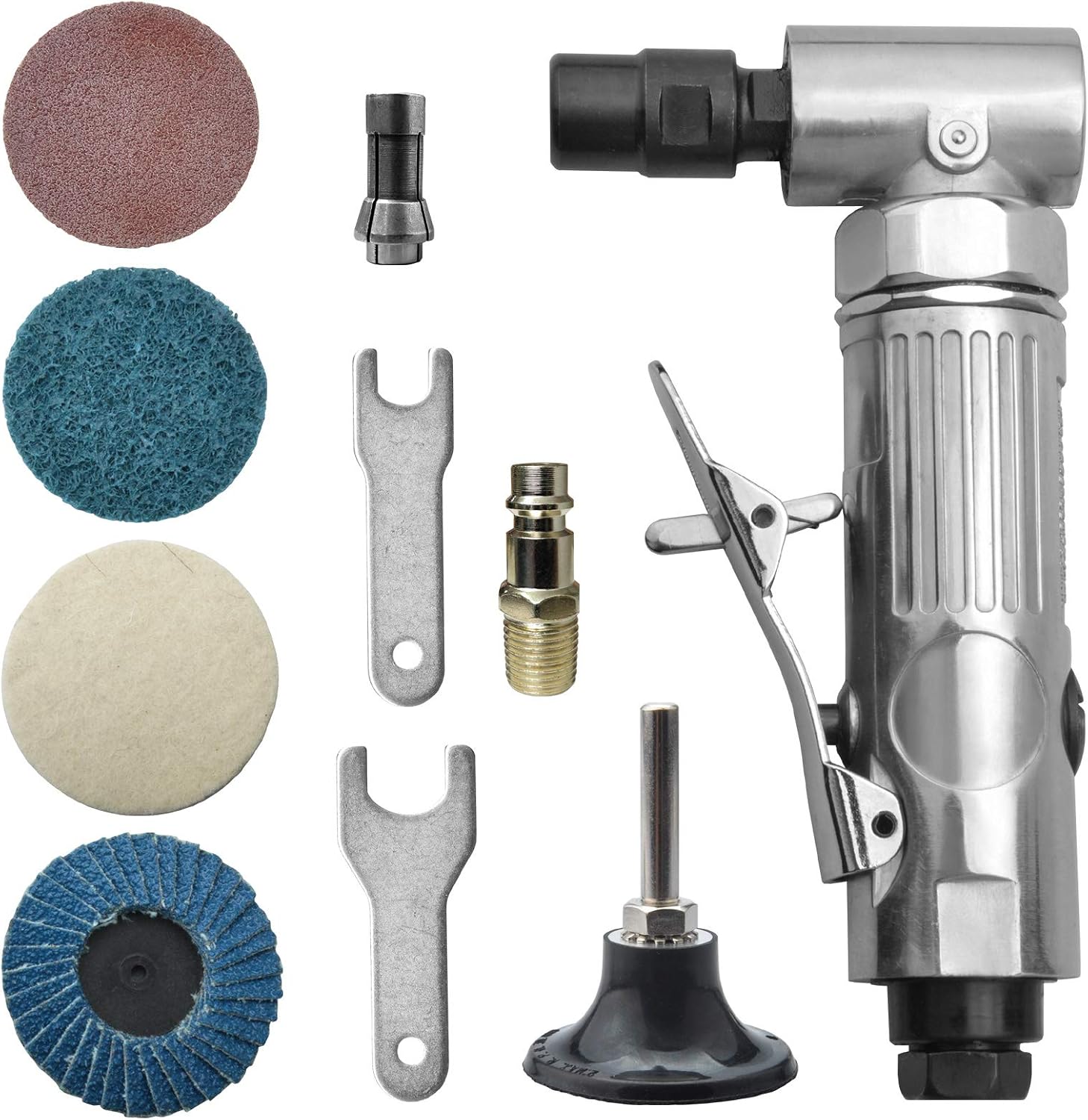 Angle air die grinder 1/4" with 4 pcs 2" roll lock sanding discs, polished color angle...