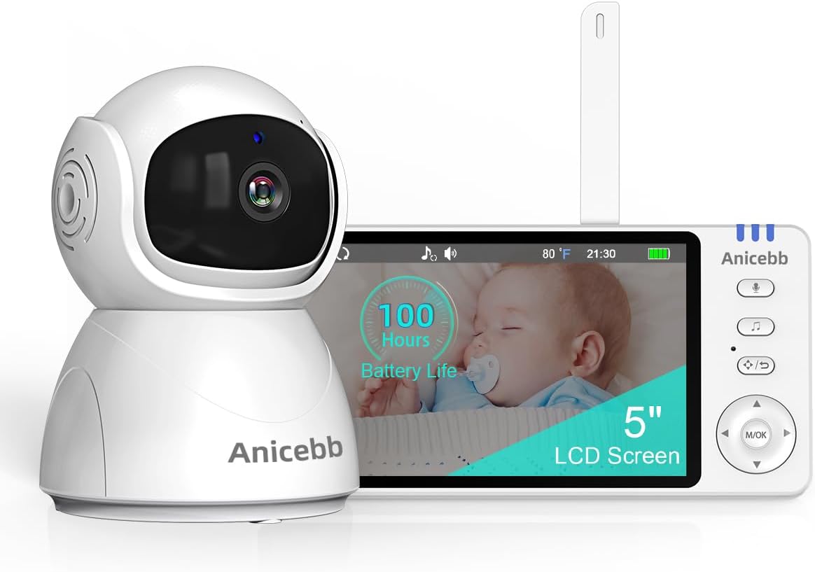 Anicebb 5" HD Video Baby Monitor with Camera and Audio, No WiFi Hack-Proof Security, Remote...