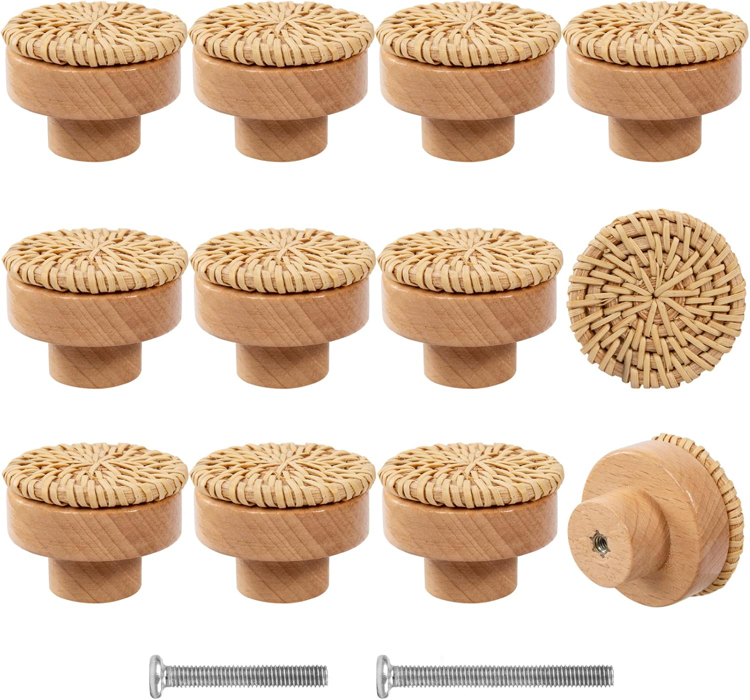 ANPHSIN 12 Pack Boho Wood Dresser Drawer Knobs- Handmade Rattan Woven Cabinet Knobs Pulls...