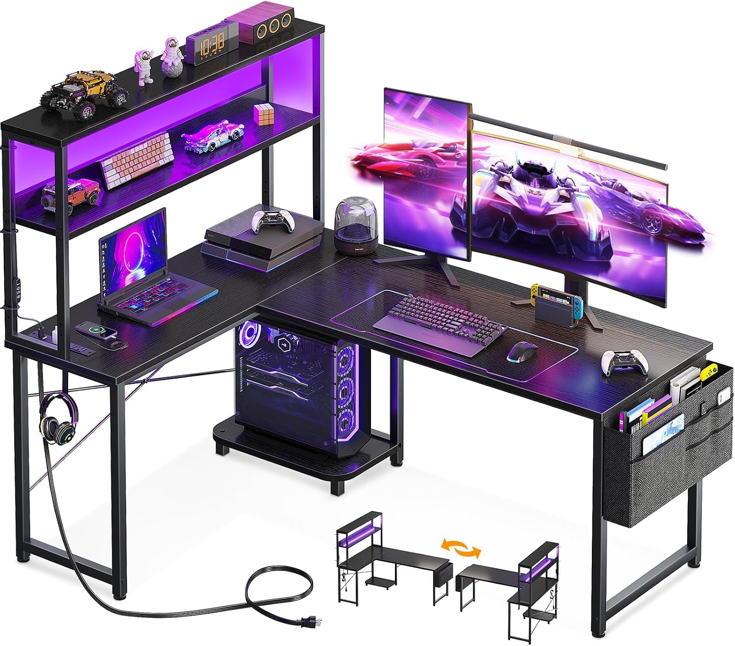 AODK L Shaped Desk Gaming Desk with LED Light & Power Outlet, 53 Inch Reversible L Shaped...