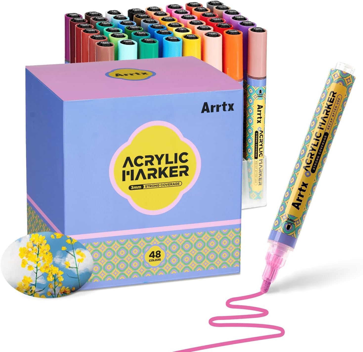 Arrtx Acrylic Paint Pens 48 Colors, 3mm Medium Tip Acrylic Paint Markers Quick Drying for...