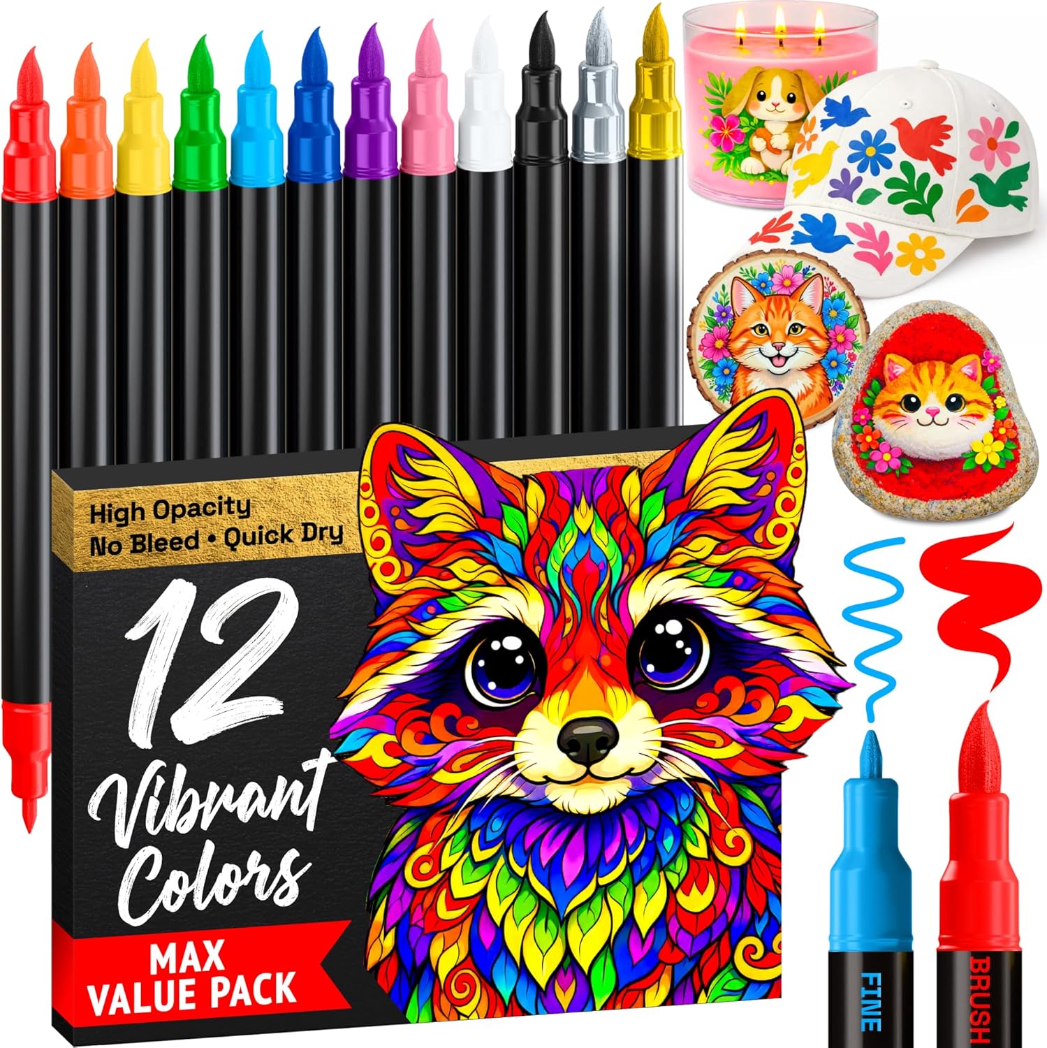 ARTISTRO 12 Acrylic Paint Markers - Paint Pens for Drawing - For Fabric, Rock, Glass, Wood...