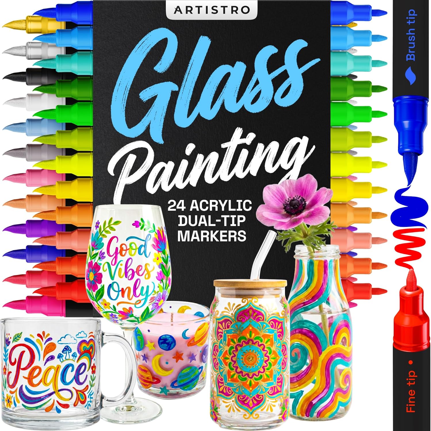 ARTISTRO 24 Glass Acrylic Paint Markers - Erasable Wine Glass Markers - Paint Pens for...