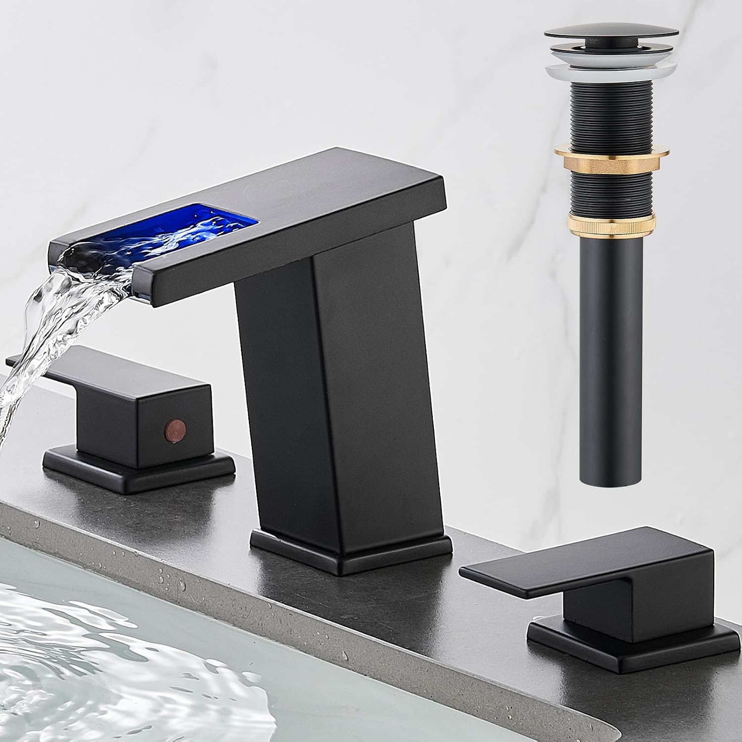 AVSIILE LED Bathroom Faucet 3 Hole, Matte Black Waterfall Bathroom Faucets, 8 Inch...