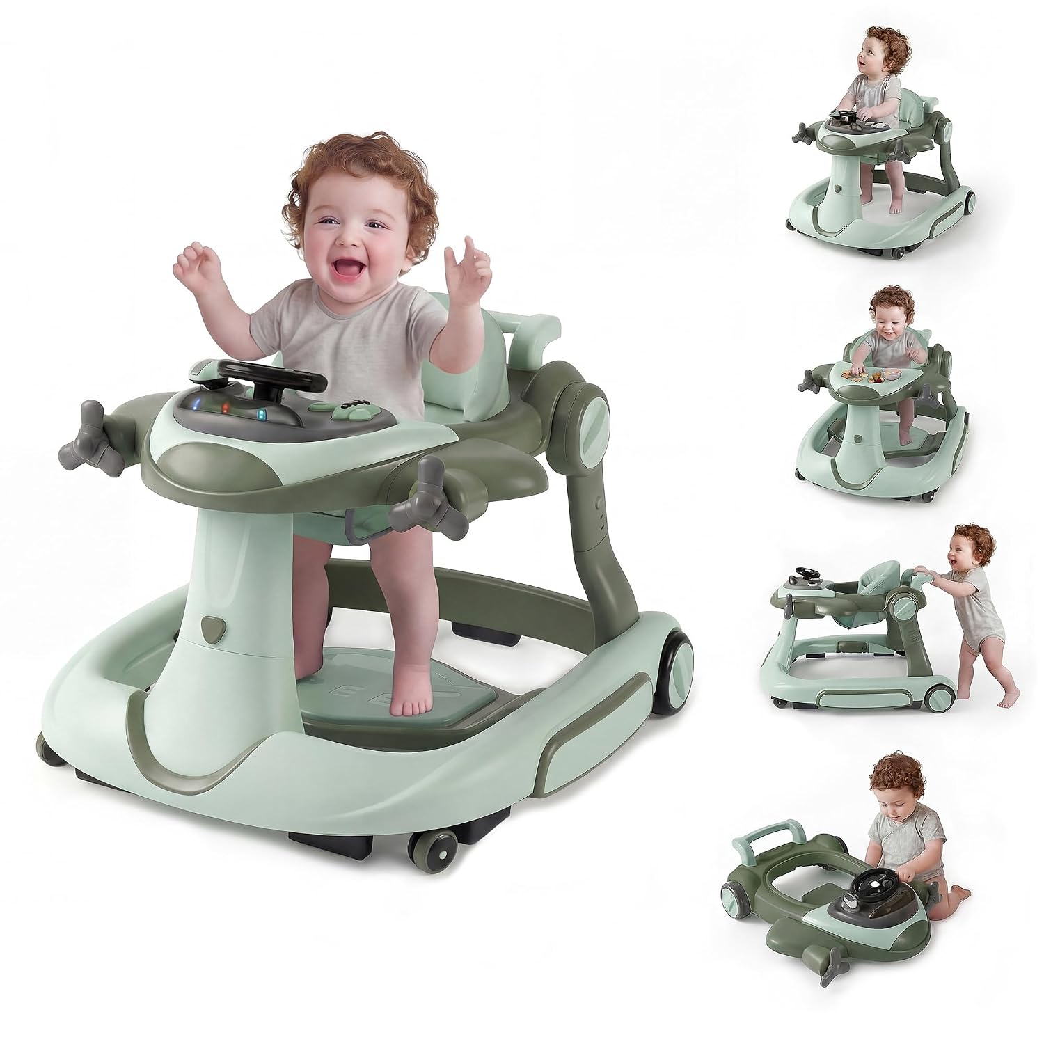 Baby Walker with Wheels, 7 in 1 Foldable Activity Center with Adjustable Height & Speed...