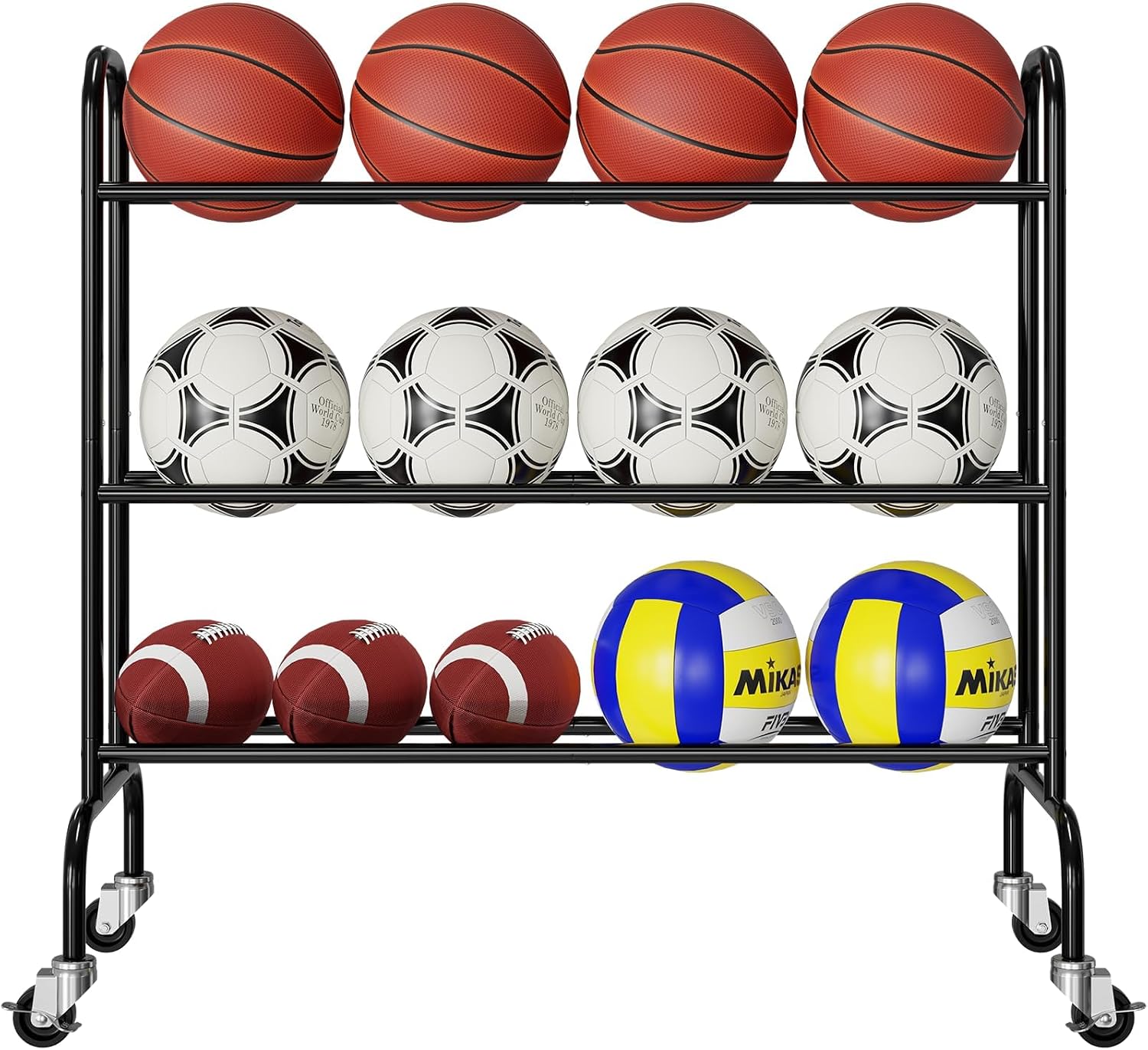 Basketball Rack 3 Tier, Rolling Sport Equipment Holder Ball Storage Cart for Basketball...