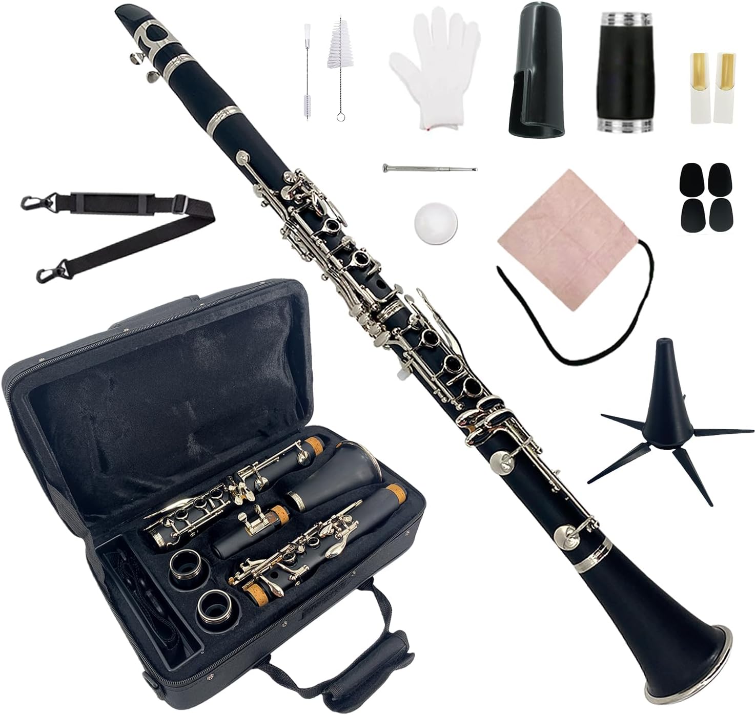 Bb Clarinet for Beginners Student Clarinets 17 Nickel-Plated Keys with Case, Mouthpiece...