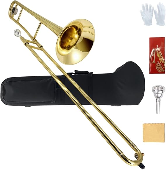 Bb Tenor Slide Trombone – B Flat Brass Trombone with Gold Lacquer Finish- Includes Hard...