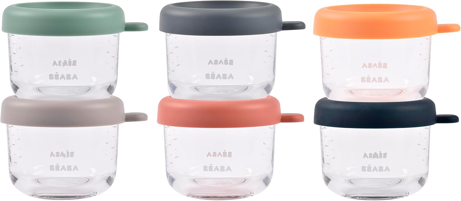 BEABA 6 Pack Glass Baby Food Jars with Soft Silicone Air Tight Lids, 5 oz Glass Storage...