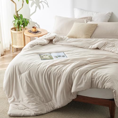 Bedsure Queen Comforter Set - Beige Soft Bedding for All Seasons, Cationic Dyed Bed Set, 3...