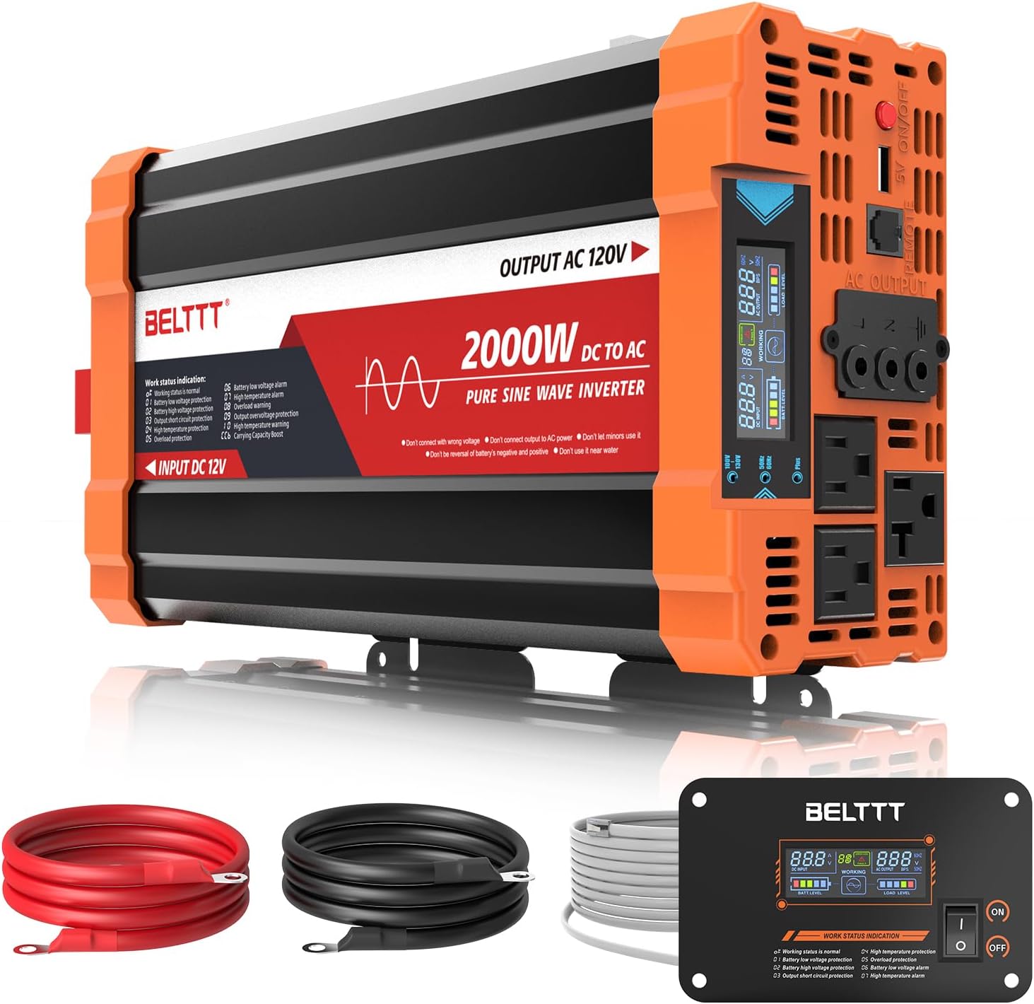 BELTTT 2000W Pure Sine Wave Inverter, Inverter 12V DC to 120V AC for Solar, RV, Truck...