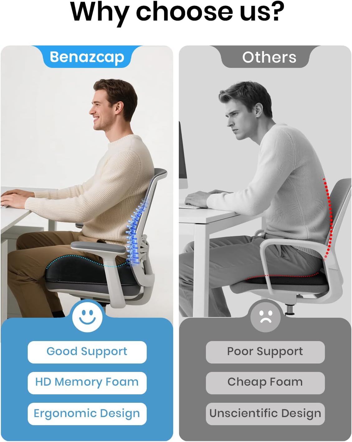 Benazcap Large Memory Foam Office Chair Cushion Seat Pad, Ergonomic Seat Cushion for... image