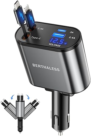 BERTHALESS Retractable Car Charger, 4 in 1 Fast Charging Car Charger with USB-C & USB-A...