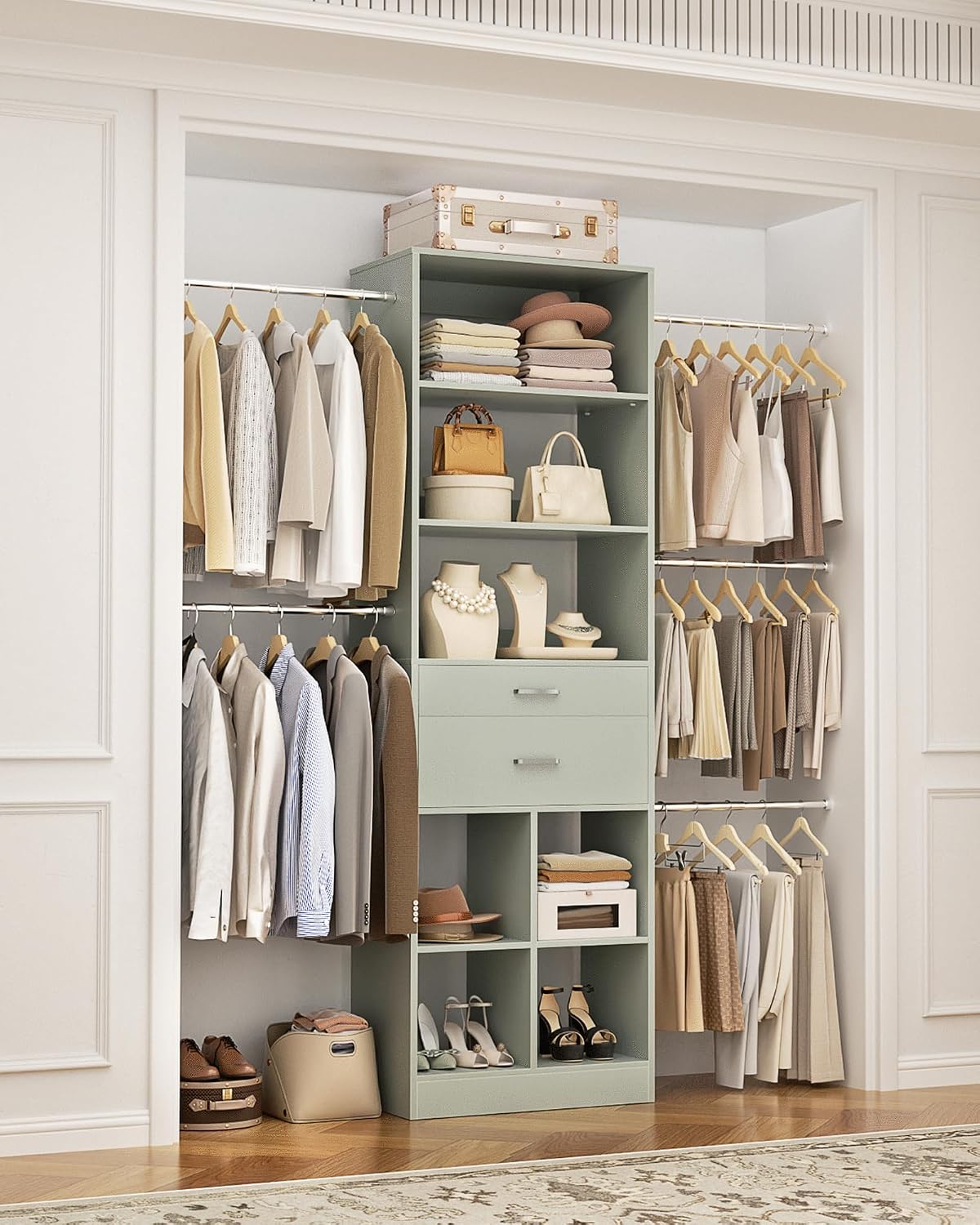 Besiost Small Closet System, 3.2-6.8FT Small Closet Organizer with 2 Drawers & 5 Hanging...