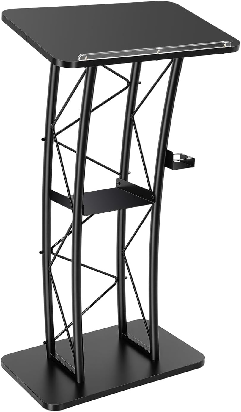 Black Curved Podium, Metal Pulpit Lectern with Baffle & Cup Holder, Truss Lectern Slanted...