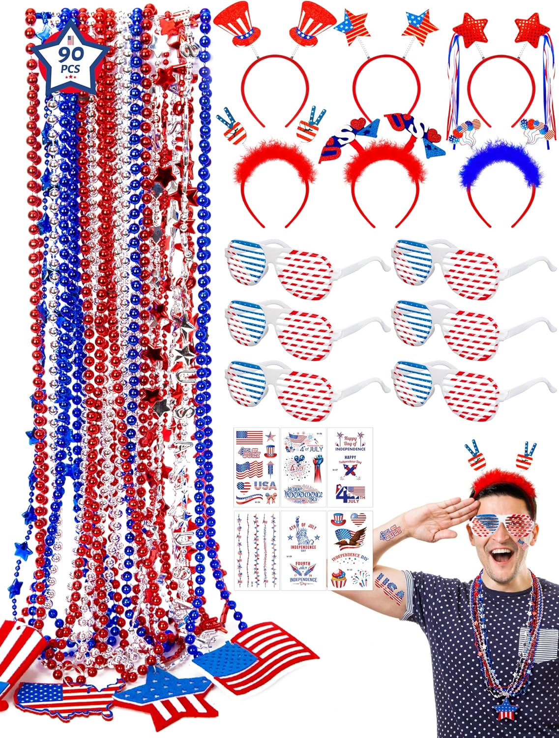 Blowata 90PCS 4th of July Bead Necklaces Set, Patriotic Headbands Bead Necklaces USA 250th...