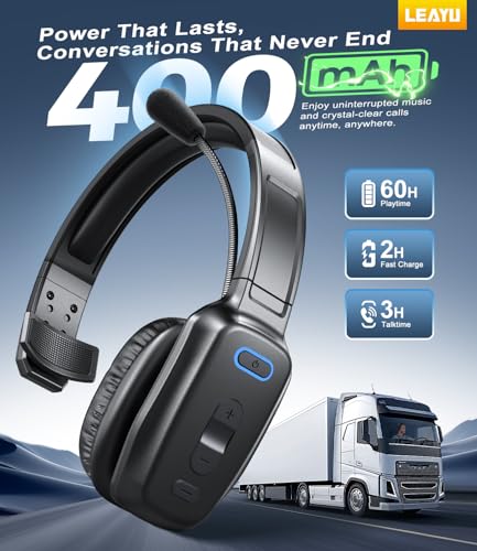 Bluetooth Headset, 60hrs AI Noise Canceling V5.2 Over Head Headphones, Single Ear Trucker... image