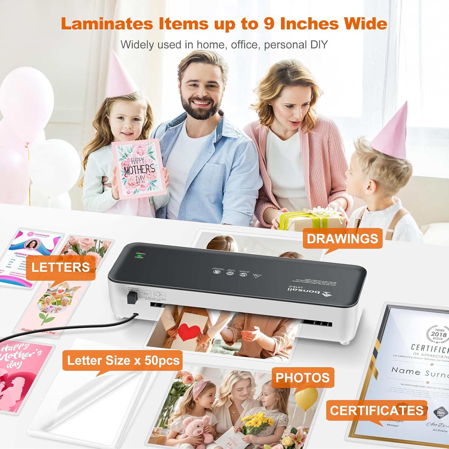 Bonsaii Laminator Machine, 9 Inch Laminators Machine with 50 Laminating Sheets, Laminator... image