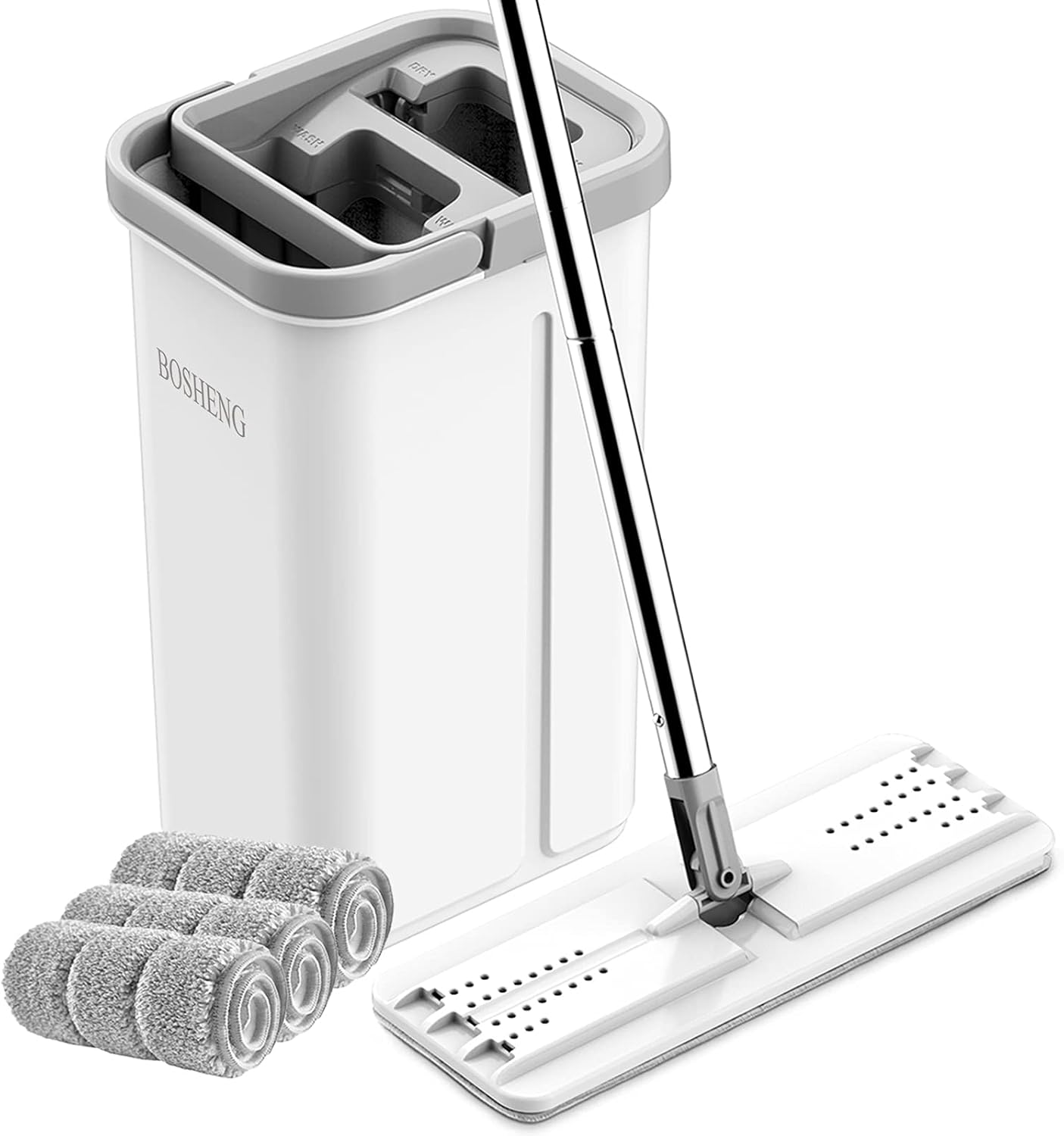 BOSHENG Mop and Bucket with Wringer Set, Hands Free Flat Floor Mop and Bucket, 3 Washable...