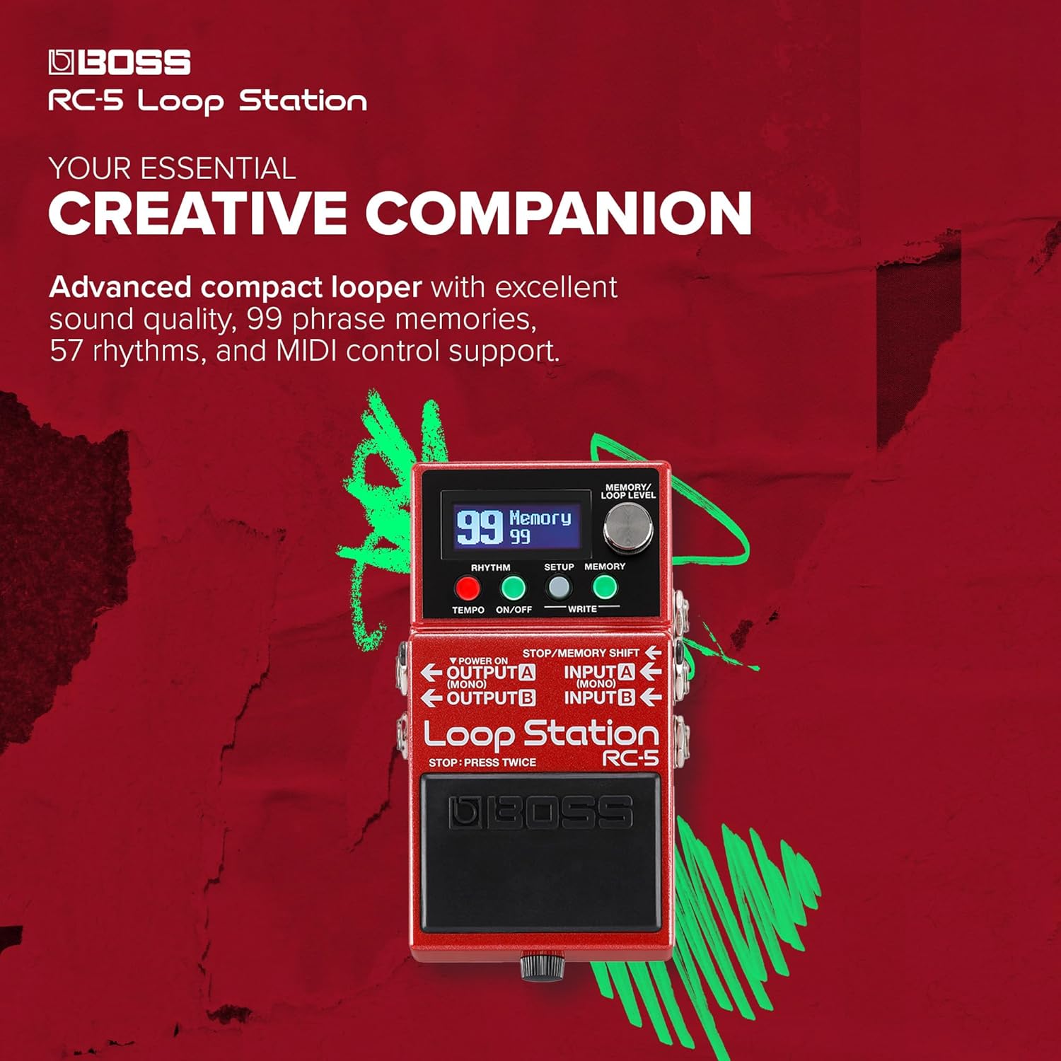 BOSS RC-5 Loop Station | Advanced Looping Features in a Compact Pedal | 32-Bit AD/DA and... image