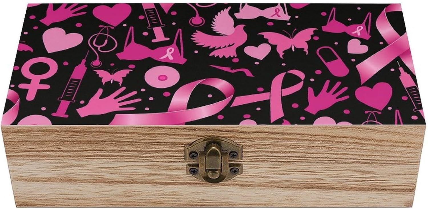 Breast Cancer Pink Retro Wooden Storage Box Keepsake Jewelry Decorative Art Storages Box...