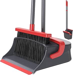 Broom with Dustpan Combo Set, Long Handle Upright Standing Self-Cleaning Broom and Dustpan...