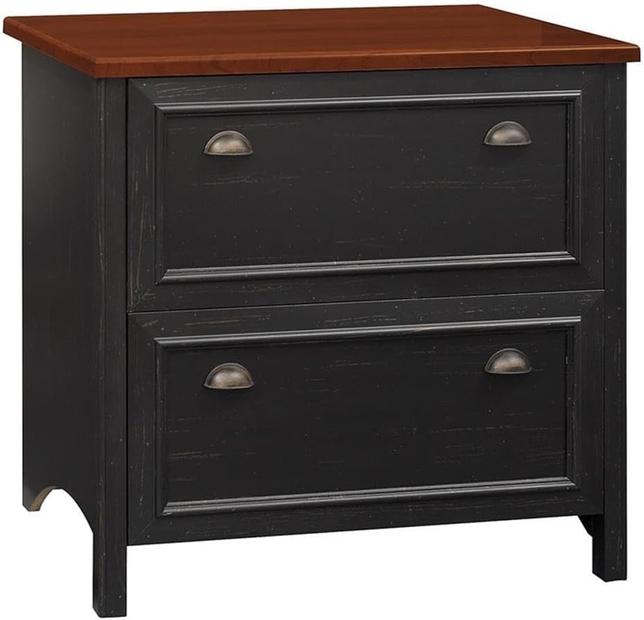 Bush Home Fairview 2 Drawer Lateral File Cabinet in Antique Black/Hansen Cherry, Home Office...