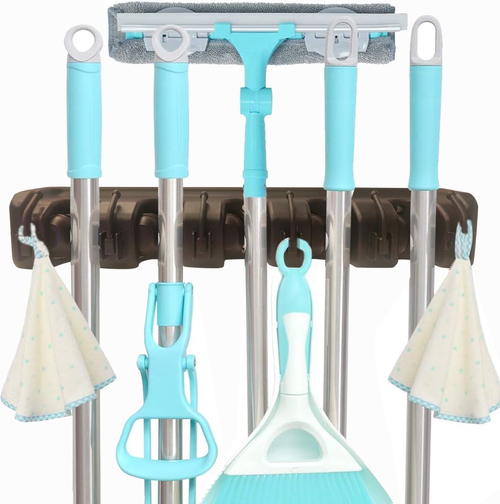 C-CHAIN Mop and Broom Holder, 5 Position with 6 Hooks Garage Storage Holds up to 11 Tools... image