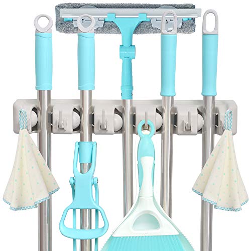C-CHAIN Mop and Broom Holder, 5 Position with 6 Hooks Garage Storage Holds up to 11 Tools... image