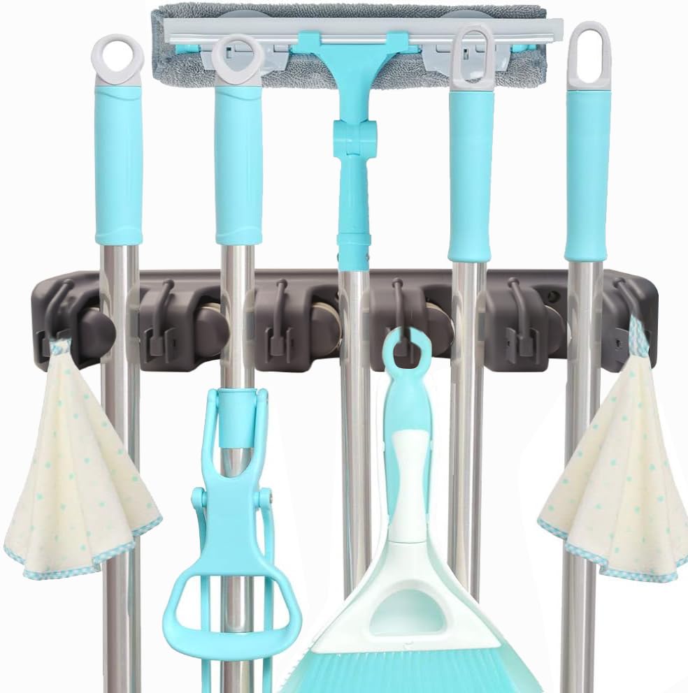 C-CHAIN Mop and Broom Holder, 5 Position with 6 Hooks Garage Storage Holds up to 11 Tools... image