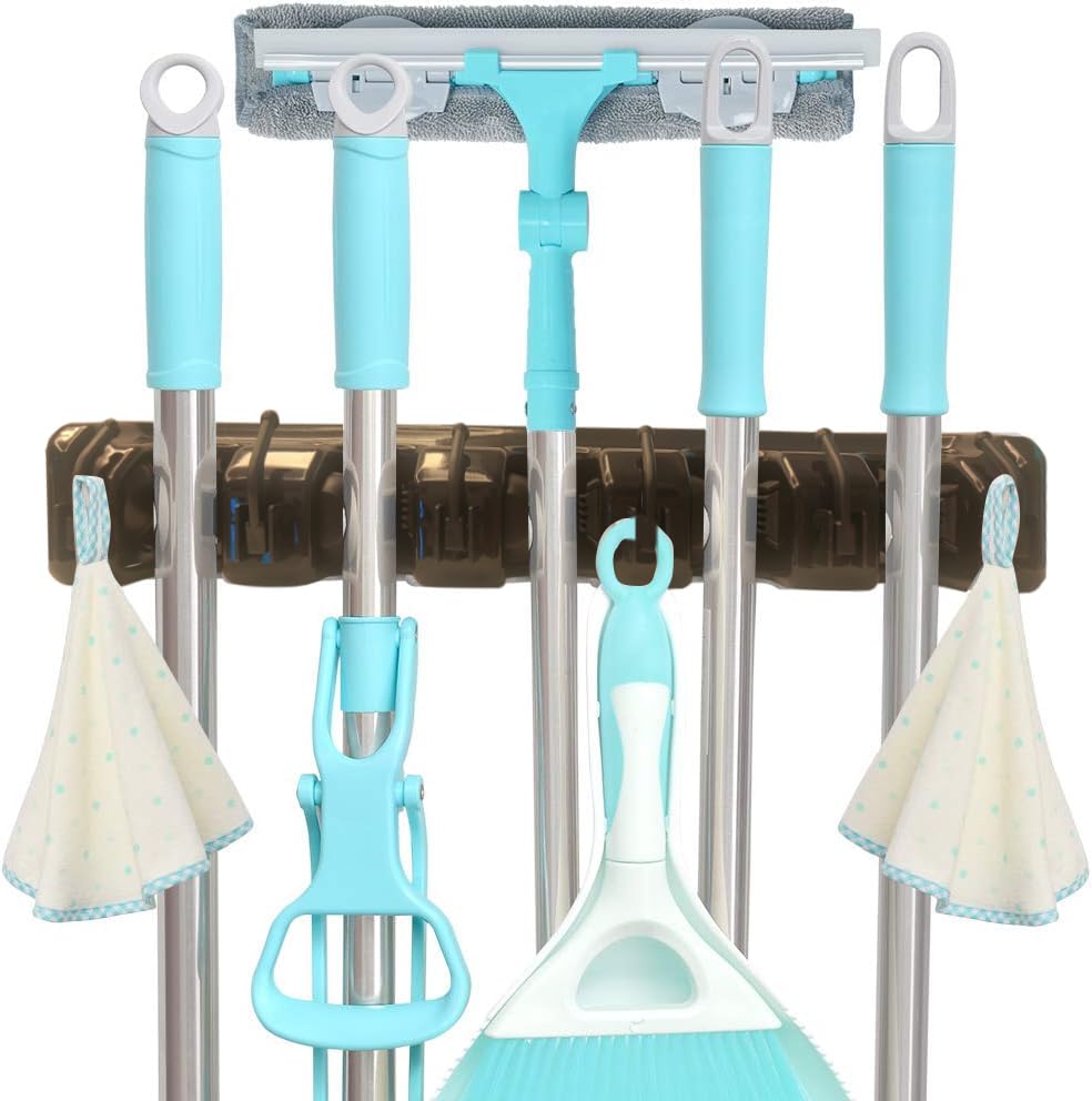 C-CHAIN Mop and Broom Holder, 5 Position with 6 Hooks Garage Storage Holds up to 11 Tools...
