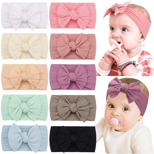 CÉLLOT 10 Colors Super Stretchy Soft Knot Baby Girl Headbands with Hair Bows Nylon Head...