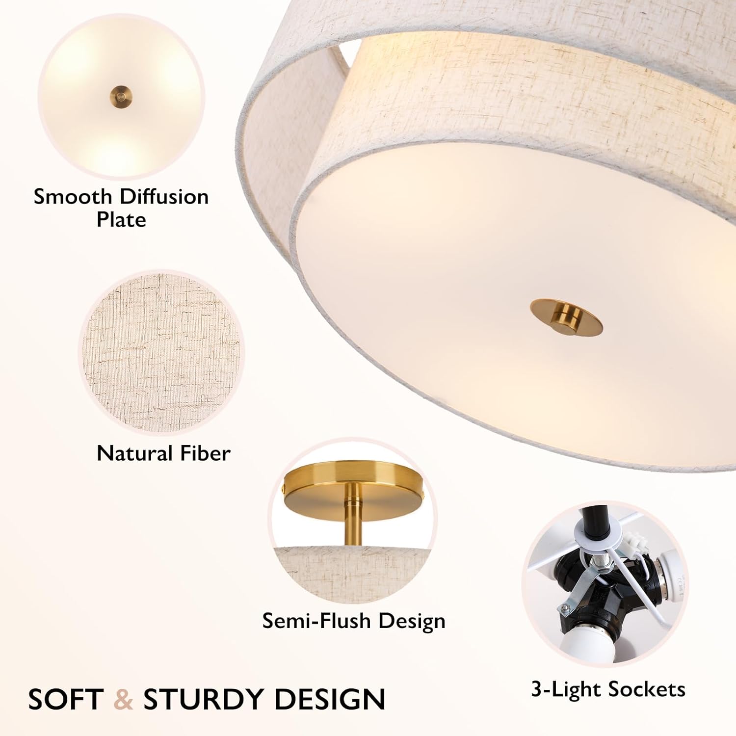 CALOKES 16" Double Drum Gold 3-Light Semi Flush Mount Ceiling Light, Classic Fabric Linen... image