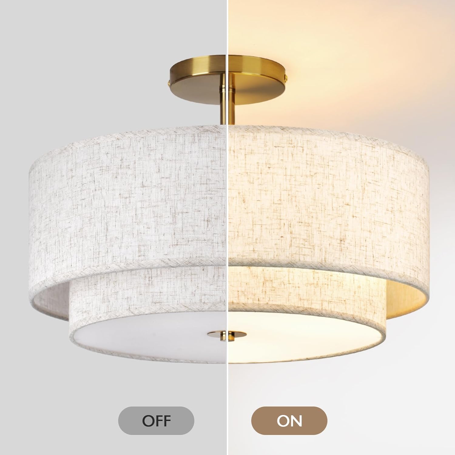 CALOKES 16" Double Drum Gold 3-Light Semi Flush Mount Ceiling Light, Classic Fabric Linen... image