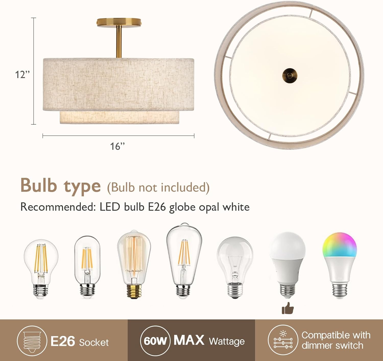 CALOKES 16" Double Drum Gold 3-Light Semi Flush Mount Ceiling Light, Classic Fabric Linen... image