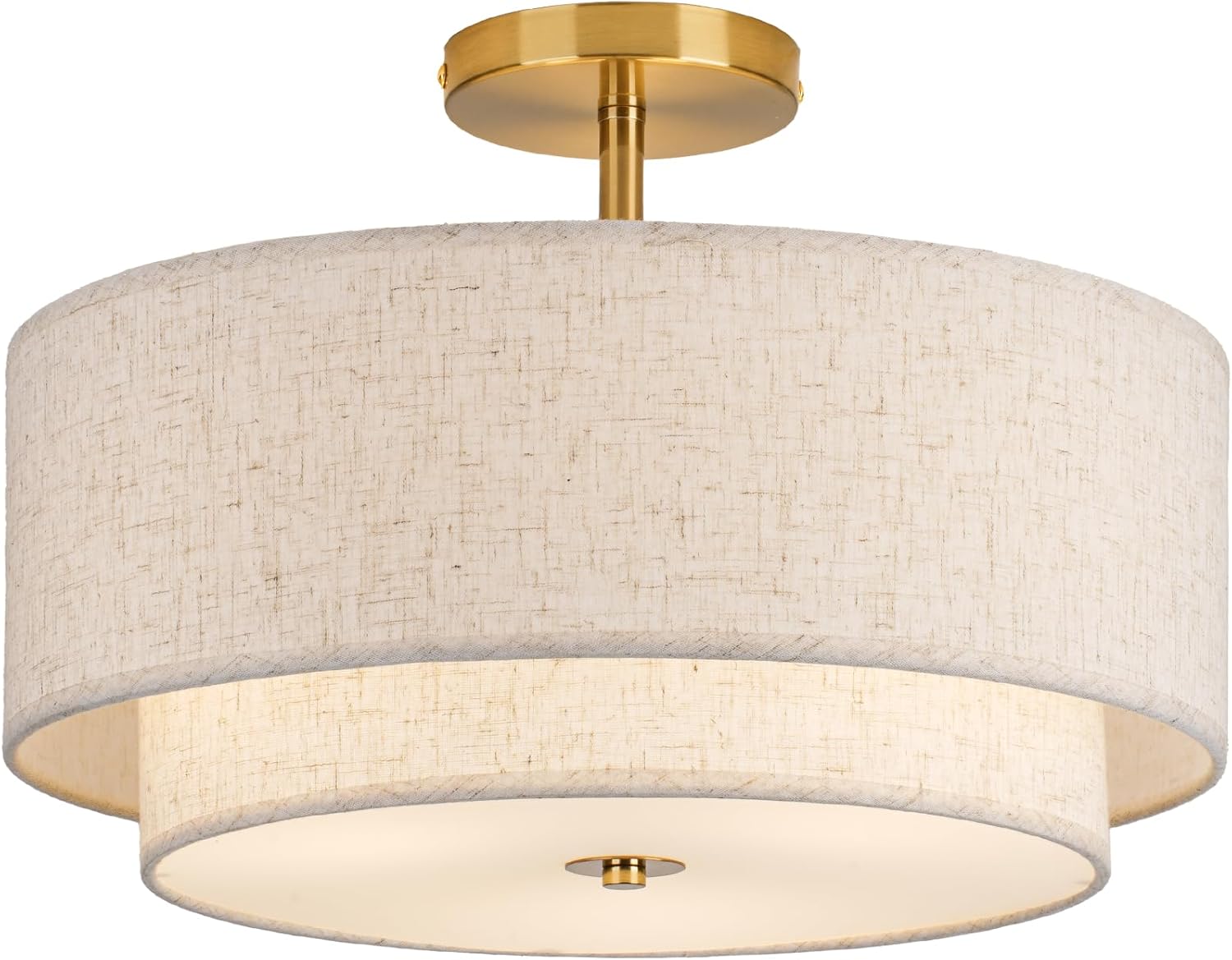 CALOKES 16" Double Drum Gold 3-Light Semi Flush Mount Ceiling Light, Classic Fabric Linen...