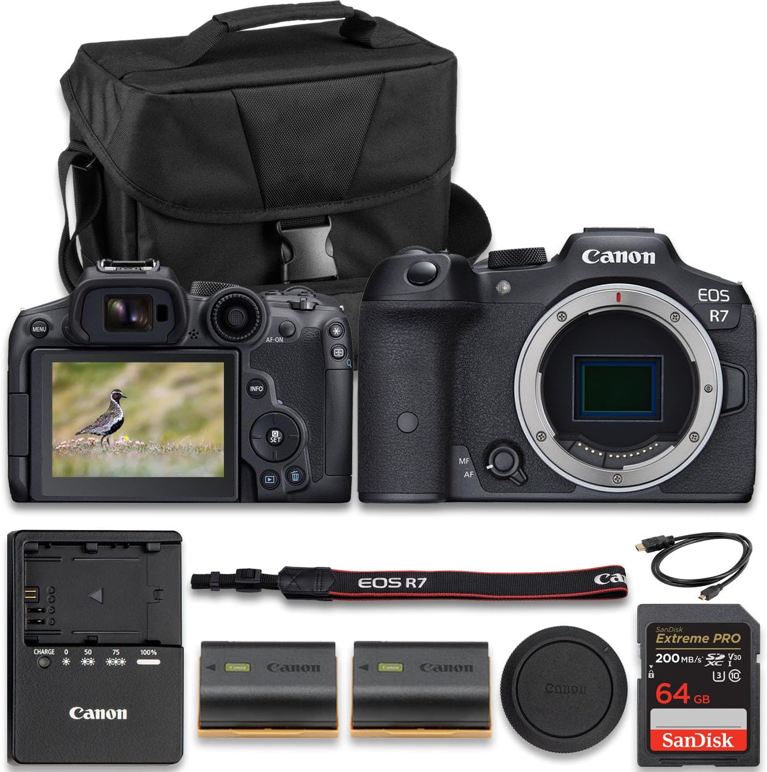 Canon EOS R7 Mirrorless Camera with Extra LP-E6NH Lithium-Ion Battery + SanDisk Extreme Pro...
