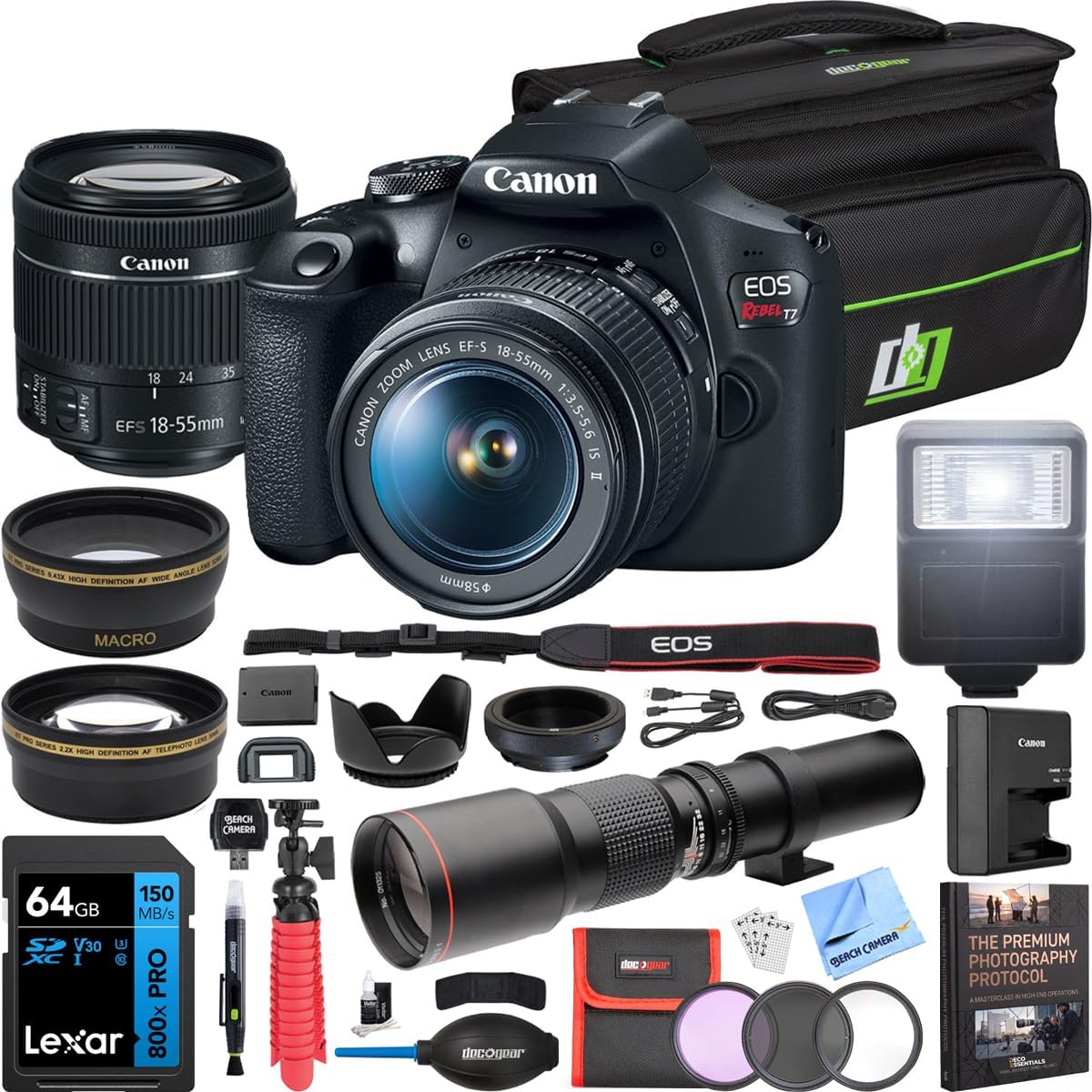 Canon EOS Rebel T7 Digital SLR Camera 18-55mm f/3.5-5.6 is II Kit Bundle with 500mm Preset...