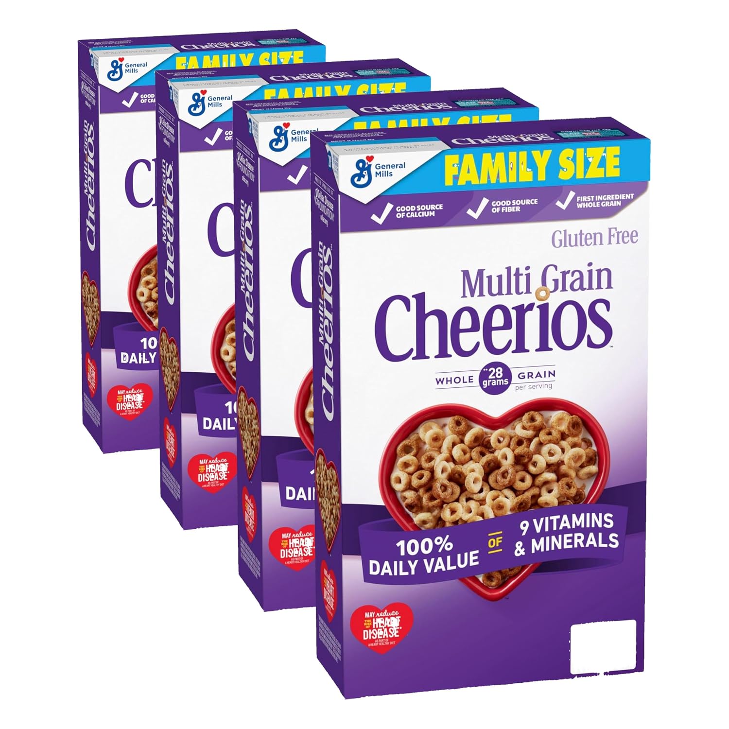 Cheerios Multi Grain Cheerios Heart Healthy Cereal, Family Size Cereal Box,18 OZ (Pack of 4)